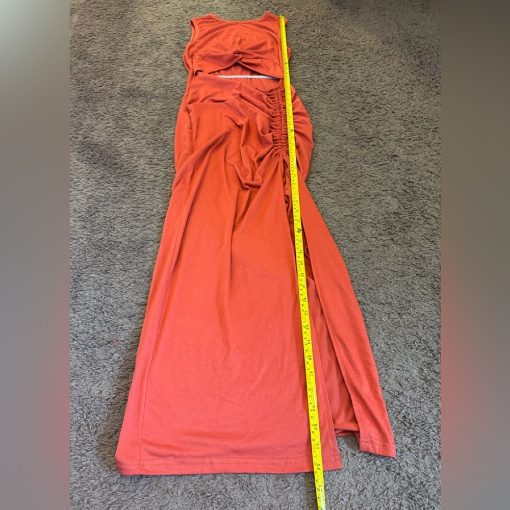 2 FOR $25 Orange Cut Out Knot Front Ruched Midi Dress Stretchy Size S M - Picture 6 of 8